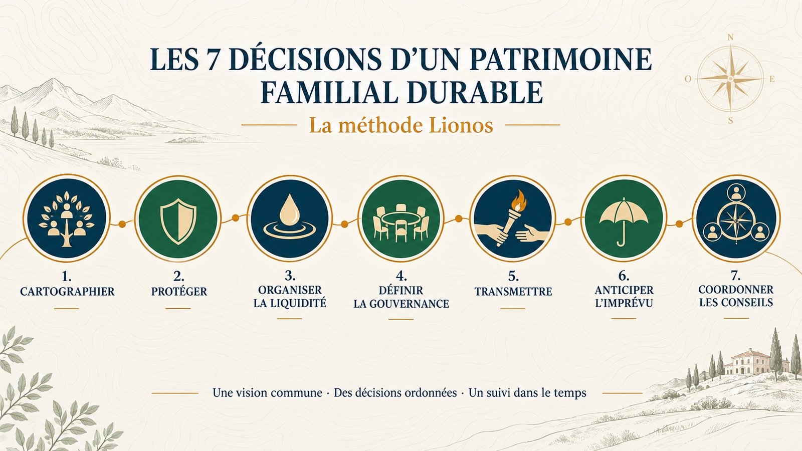 Infographie de la méthode Lionos en sept décisions pour organiser un patrimoine familial durable