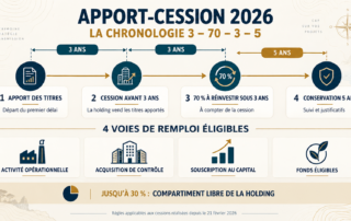 Infographie apport-cession 2026 : cession avant trois ans, réinvestissement de 70 % sous trois ans et conservation pendant cinq ans.
