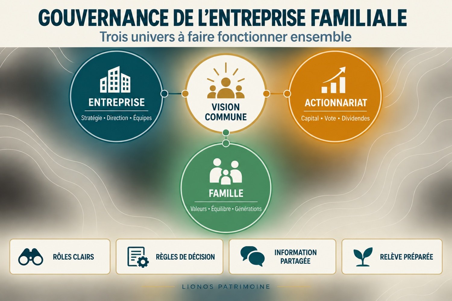 Infographie sur la gouvernance de l’entreprise familiale reliant entreprise, actionnariat et famille
